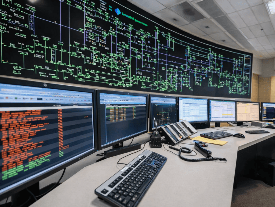 Power system control room with monitoring screens